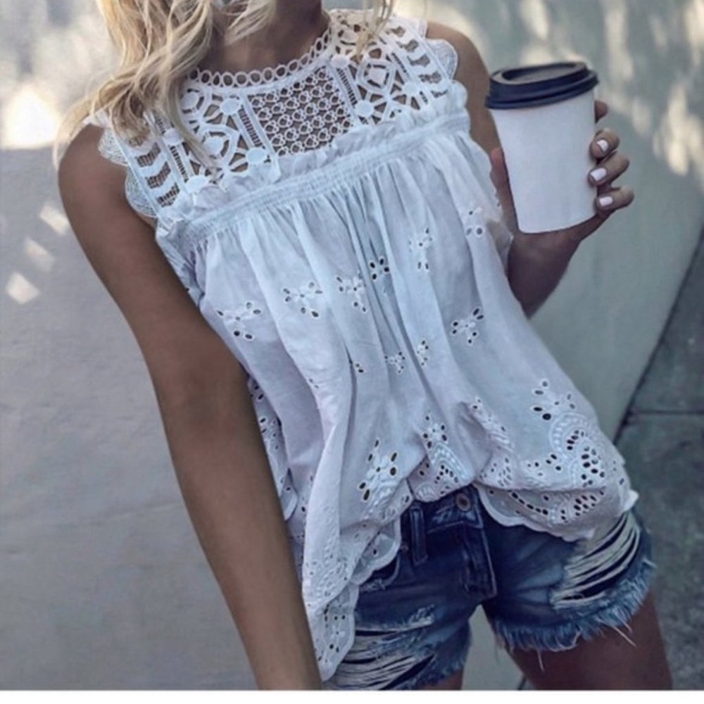 New White Eyelet Lace Tank Blouse